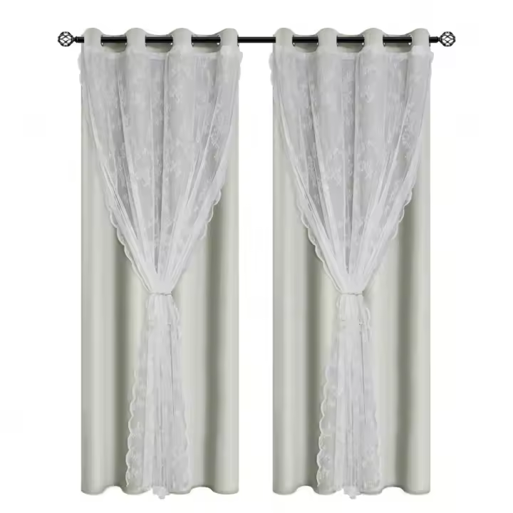 Cortinas Modernas De Color Sólido Doble Capa Con Cordón Para Atar, Totalmente Oscurecidas Perforadas Adecuadas Para Varias Habitaciones Material De Poliéster 100% - 1