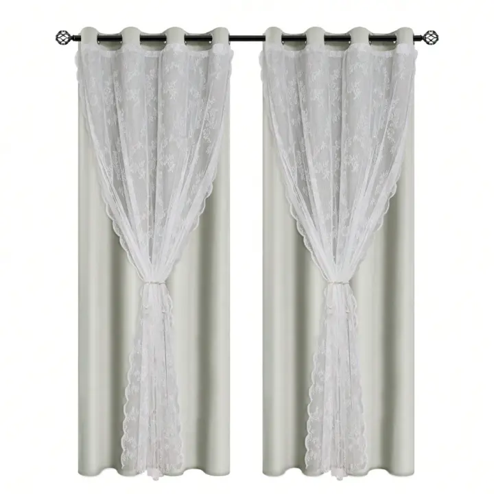Cortinas Modernas De Color Sólido Doble Capa Con Cordón Para Atar, Totalmente Oscurecidas Perforadas Adecuadas Para Varias Habitaciones Material De Poliéster 100% - 1