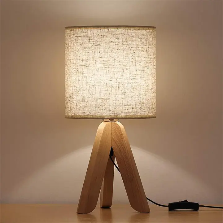 SOMY Lámpara de Noche - Juego de 1 Lámpara de Mesa de Madera, Lámparas de Noche de Lino E27, Trípode Vintage, para Dormitorio, Sala de Estar, Cafetería del Hotel, Regalo para Niños/Adultos, 34x18x18cm, Bombilla No Incluida - 1