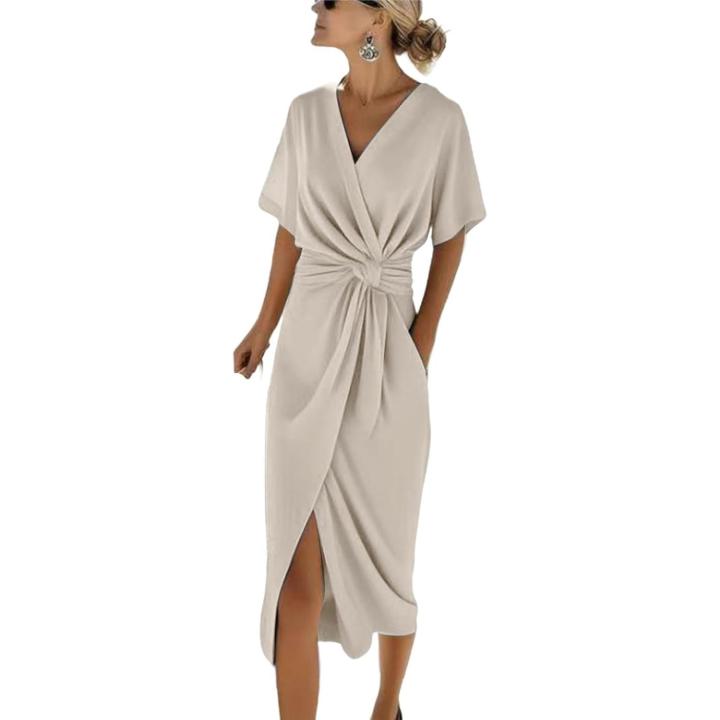 Vestido Midi con Nudo Elegante para Mujer, Para Trabajar, Manga Corta, Verano, Escote V, Fiesta, Cóctel, Casual, Moda