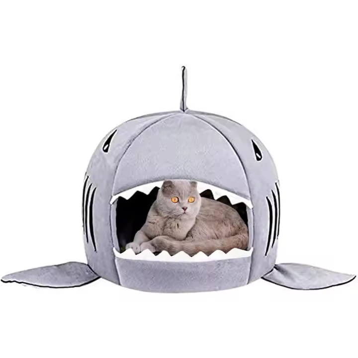 Cama para gatos Aliangting, cama tipo tiburón, cama cueva para perros, cama pequeña con cojín extraíble, encantadora casa para mascotas, regalo para mascotas (gris) - 1
