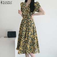 ZANZEA Vestido Midi Elegante Para Mujer Con Cintura Ajustada Estampado Floral Moda Coreana Manga Corta A-line Casual Fiesta - details 12