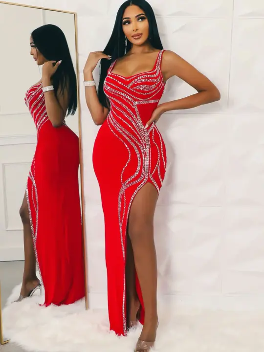 Vestido Maxi De Mujer Con Diamantes Y Abertura En Pierna Beyprern Decorado Con Rhinestones Vestido Sexy Para Fiesta Club Cumpleaños Poliéster Elástico Sin Mangas - 1