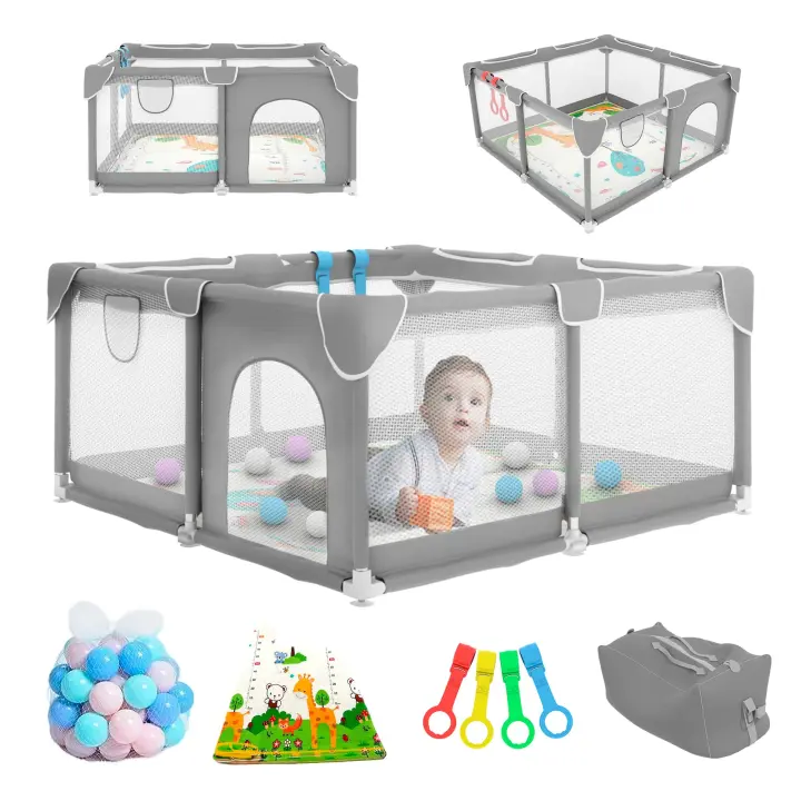 JUPPLIES Parque Infantil Bebe 120x120cm + Alfombra Bebe + 50 Bolas + Agarraderas + Bolsas de Transporte – Corralito Bebe con Malla Transpirable – Parque de Juegos Bebe – Playpen Bebe - Gris - 1