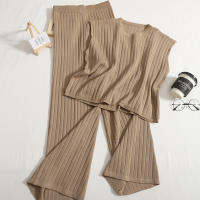Nuevo traje de punto Korean, Chaleco sin Mangas de Color sólido, High Belt, pantalones de pierna Ancha adelgazantes, pantalones de Nueve Puntos, traje de Dos piezas (Negro) - details 3
