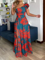 Vestido Maxi De Manga Baja Con Estampado Tropical Y Abertura En Un Hombro Para Mujer Estilo Elegante Y Casual A-Line Longitud Del Tobillo Primavera/Verano/Otoño - details 1