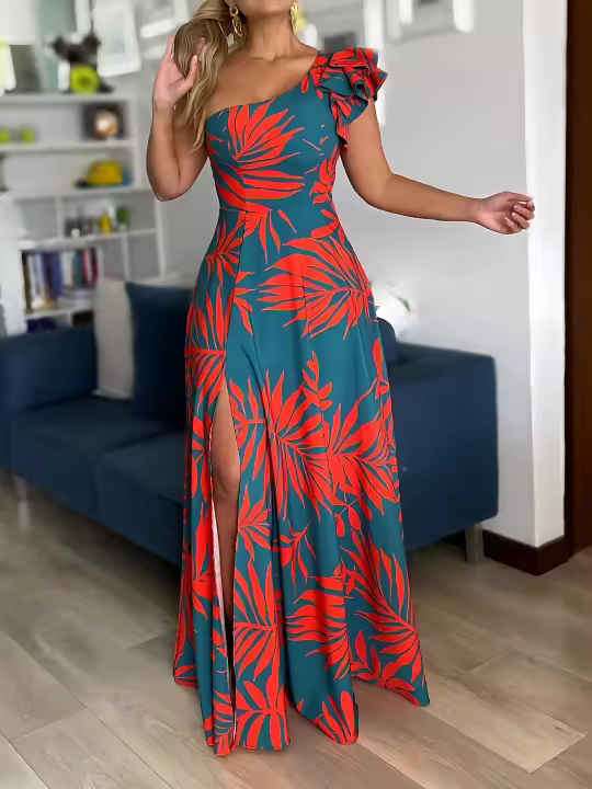 Vestido Maxi De Manga Baja Con Estampado Tropical Y Abertura En Un Hombro Para Mujer Estilo Elegante Y Casual A-Line Longitud Del Tobillo Primavera/Verano/Otoño - 1