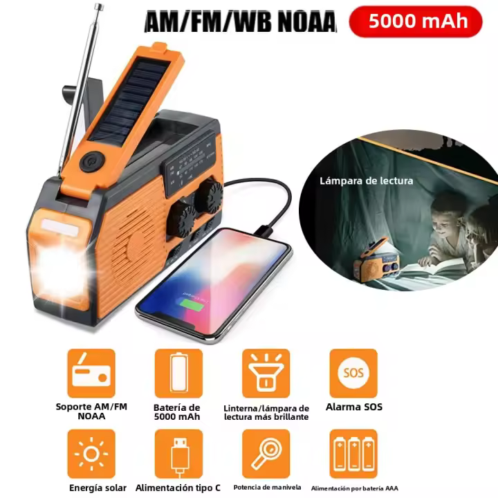 Radio De Emergencia Portátil Con Solar Y Manivela 4000mAh AM/FM Con LED Y Cargador De Teléfono Móvil Y Banco De Almacenamiento - 1