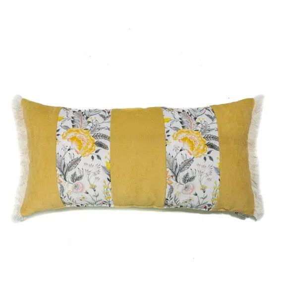 TAPIDECOR Funda Cojín Ocre Estampado Flecos 60x30 Cama Sofá Yellow Party - 1