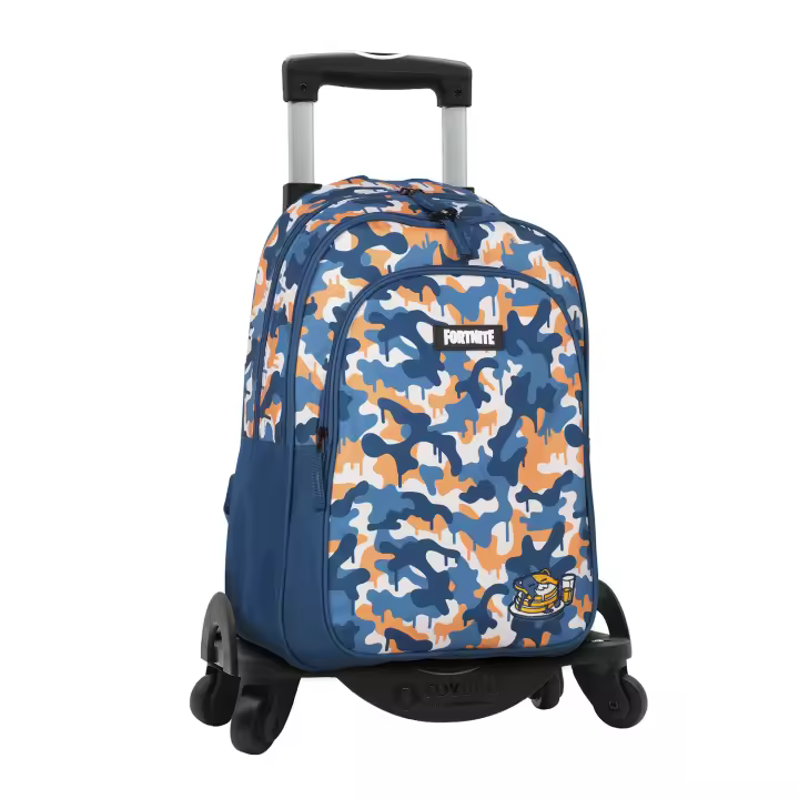 DAM Fortnite Blue Camo mochila primaria doble compartimento + carro  con protección lateral y stoper frontal, 4 ruedas multidireccionales. 31x18x42 Cm. Color: Camuflaje Azul - 1