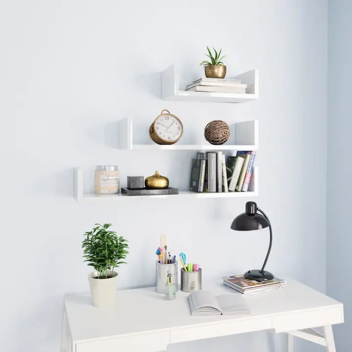 Estantes de pared 3 pzas madera contrachapada blanco brillante - 1