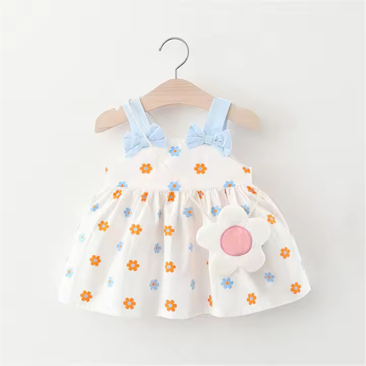 Vestido De Verano Para Niñas 2 Piezas Conjunto Nuevo Con Bolso Floral Decorativo Cuello Redondo Algodón Cómodo Largo Rodilla Casual - 1