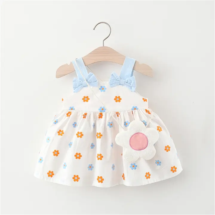 Vestido De Verano Para Niñas 2 Piezas Conjunto Nuevo Con Bolso Floral Decorativo Cuello Redondo Algodón Cómodo Largo Rodilla Casual - 1