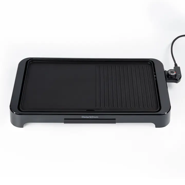 Plancha Eléctrica OstarkDom 2000W con Termostato Ajustable - Parrilla Antiadherente Doble Cara y Bandeja de Goteo de Aceite - 57x30x7cm - 1