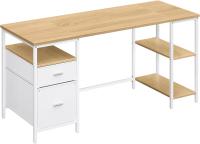 Computer Desk Office Table with 3 Shelves, 2 Drawers, 127 x 50 x 76 cm, for Office, Living Room, Industrial Style, Natural Oak and Matte White - details 1