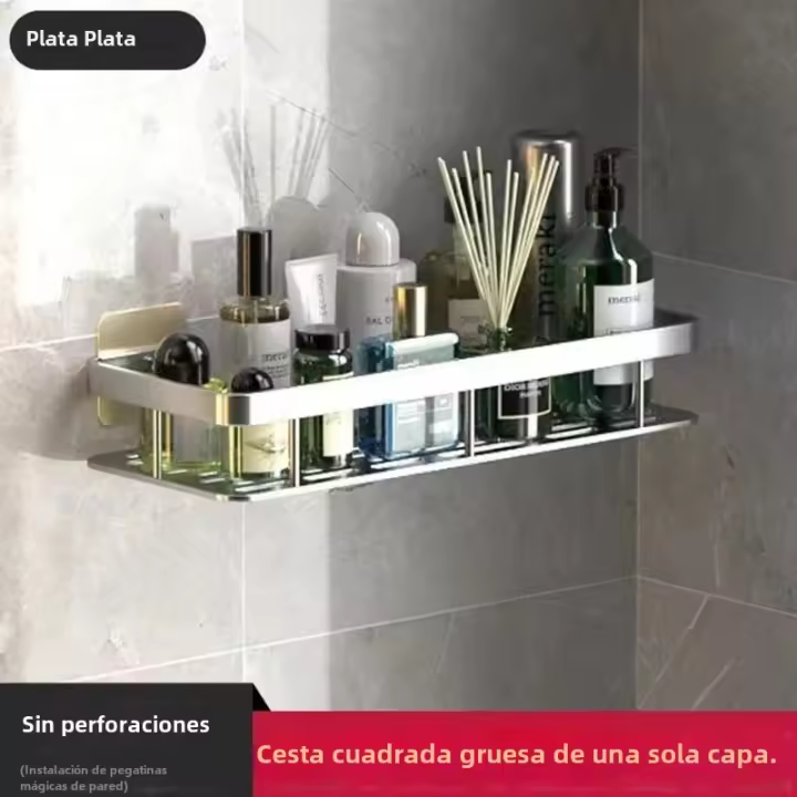 Estante De Almacenamiento Para Baño Sin Perforaciones 1 Pieza Soporte De Pared Para Artículos De Tocador Y Cocina De Acero Inoxidable - 1