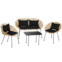 Outsunny Conjunto de Jardín Exterior de Ratán Sintético de 4 Piezas Muebles de Jardín Exterior Incluye 1 Sofá Doble 2 Sillones y Mesa de Vidrio con Cojines Natural y Negro - details 0