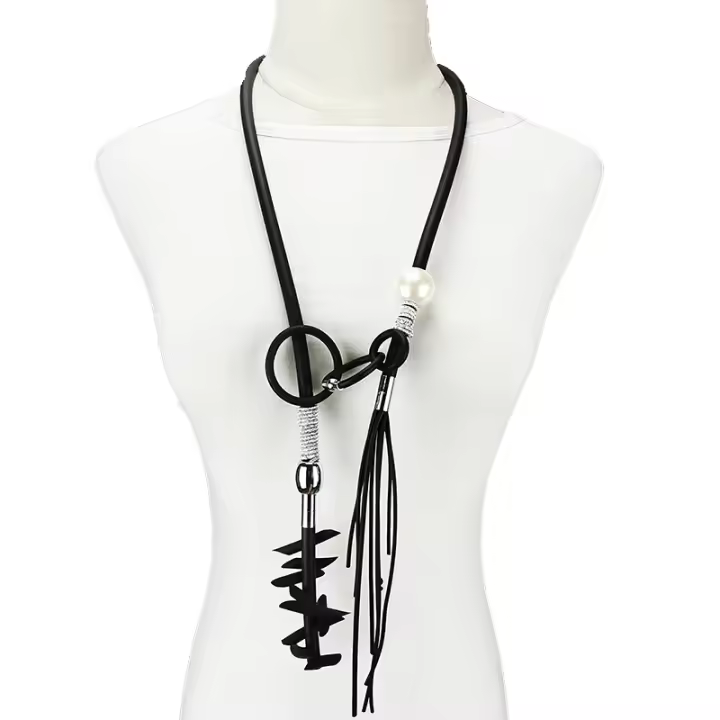 Collar Largo De Moda Bohemia Para Mujer Con Diseño De Borla Joyería Sencilla Y Gótica Accesorios Para Fiesta Correa Elástica De Silicona Color Negro - 1