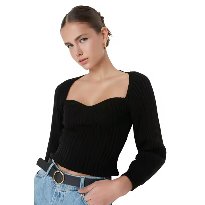Trendyol Anthracite Crop Sweetheart Neck Knitwear Sweater Twoaw22Kz1760 - 1