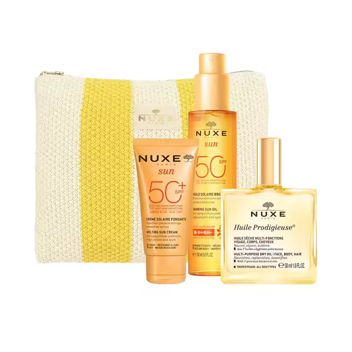 Nuxe Neceser Productos Para el Sol Aceite Corporal Con Proteccion  SPF50+ 150 ml  Huile Prodigieuse Original 50Ml y Crema Facial SPF50+ 50ml con Neceser de Regalo My Summer Esentials Productos Tamaño Venta Ideal Verano Proteccion Solar total y Aftersun - 1