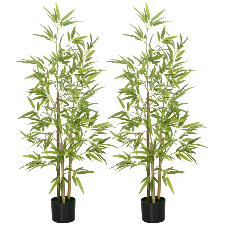 HOMCOM 2 Plantas Artificiales con Maceta Plantas Sintéticas de Bambú con 498 Hojas para Decoración en Salón Oficina Casa Verde - 1