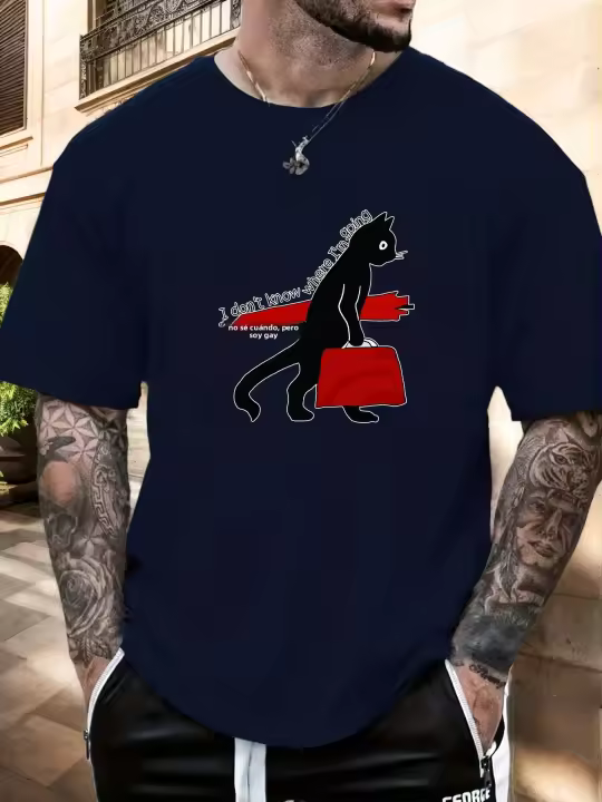 Camiseta Gris Para Hombre Con Estampado De Gato Cifras Cómoda Y Transpirable Para El Verano Estilo Casual Daily Wear - 1
