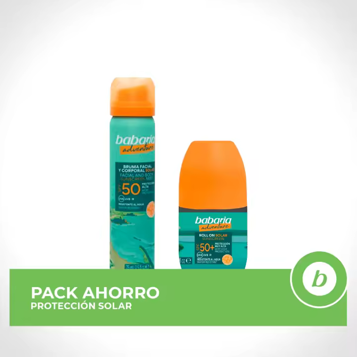 BABARIA Pack ahorro protección solar Adventure - Contiene Roll-On Solar 50ml + Bruma Solar Facial 75ml - 1
