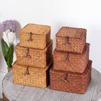 Caja De Almacenamiento Tejida a Mano En Rotura Con Tapa Cesta De Rattan Para Cosméticos Toallas Ropa Lavandería Ecológica - details 5