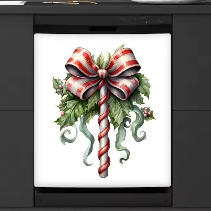 Funda magnética para lavavajillas, diseño navideño de bastón de caramelo y bayas de acebo, 58 x 66 cm, ideal para decoración de cocina y lavavajillas. - 1