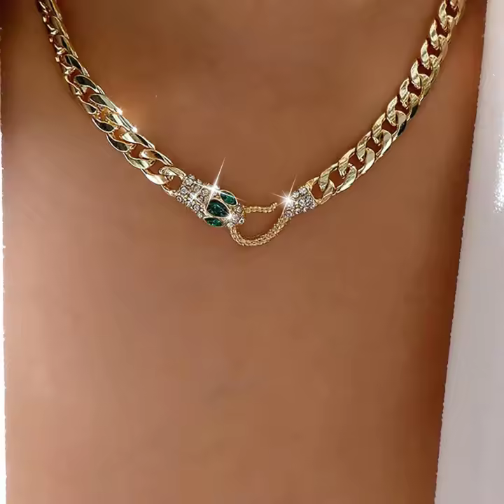 Punk Snake Colgante Collar De Oro Chunky Cadena Gargantilla Neckalce Verde Cristal Vintage Snake Collar Grueso Rizo Cadena Collar De Serpiente Cadena Chunky Joyería Para Mujeres Niñas - 1