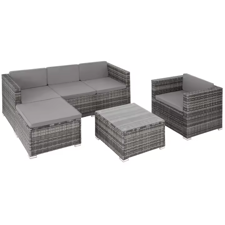 Tectake - Conjunto de ratán LIGNANO con sillón, Conjunto de ratán de seis piezas, Fino trenzado de ratán sintético con protección UVA, Sólida estructura de acero con revestimiento en polvo - 1