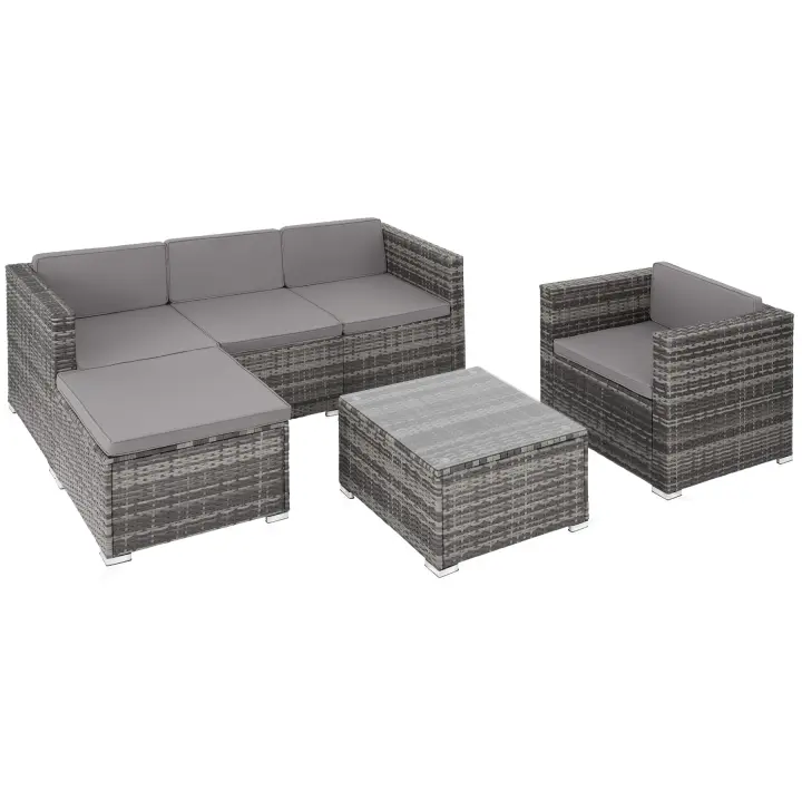Tectake - Conjunto de ratán LIGNANO con sillón, Conjunto de ratán de seis piezas, Fino trenzado de ratán sintético con protección UVA, Sólida estructura de acero con revestimiento en polvo - 1