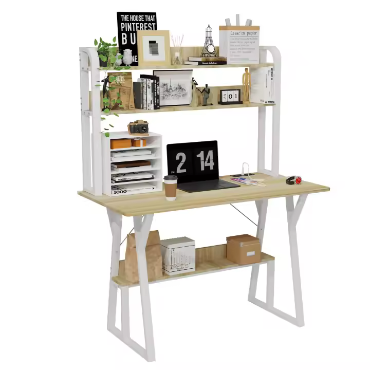 Rcynview Mesa de Escritorio con Estante Mueble Moderno para Hogar y Oficina Ironía y Madera Base Material Incluye Enchufes y Estantes - 1