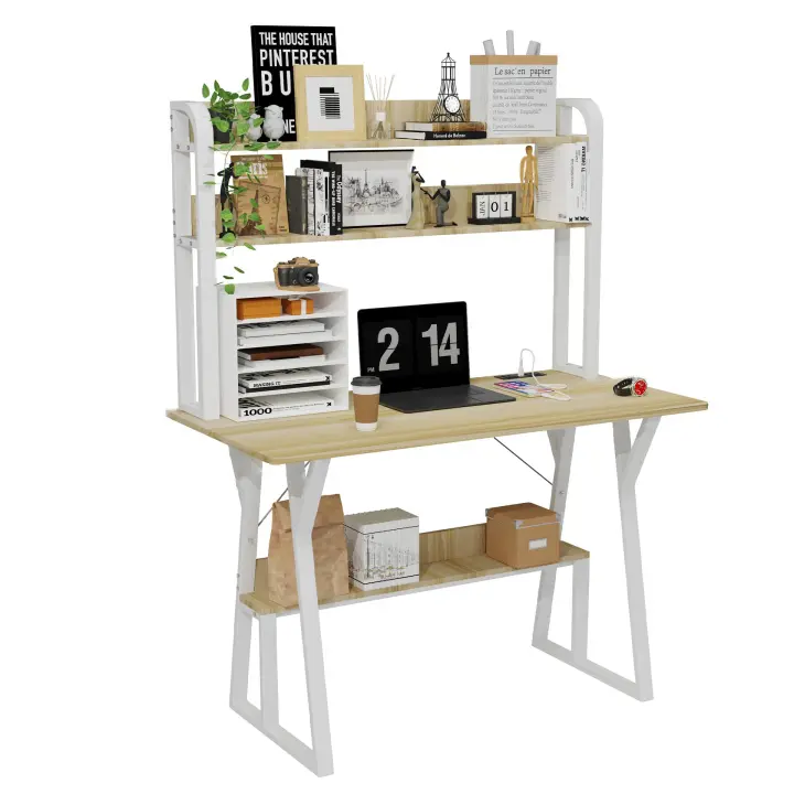 Rcynview Mesa de Escritorio con Estante Mueble Moderno para Hogar y Oficina Ironía y Madera Base Material Incluye Enchufes y Estantes - 1