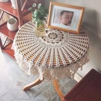 Mantel retro, redondo, de encaje, hecho a mano, de ganchillo, de algodón, mantel/funda, 65-70 cm, algodón, beige, 65-70 cm redondo, beige - details 0