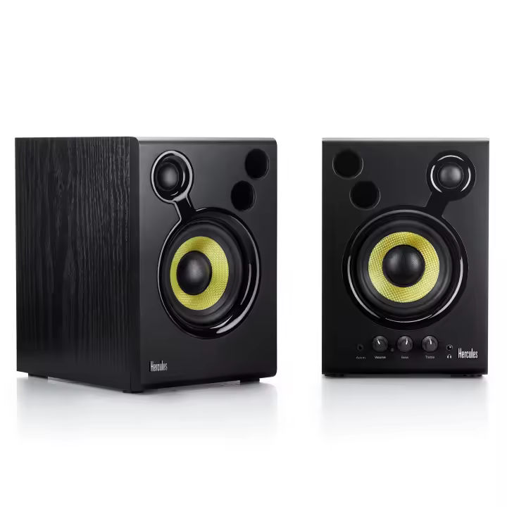 HERCULES DJMONITOR 42 - Altavoces DJ autoamplificados, conexión RCA y aux. 3.5mm, salida para auriculares, controles de volumen, bajos y agudo, 40W RMS - 1