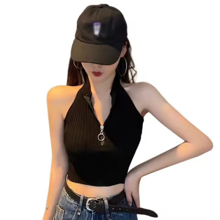 Camisola Sin Mangas Para Mujer Top Corto De Color Sólido Cierre Media Camiseta Ligera Casual De Verano Con Cremallera - 1
