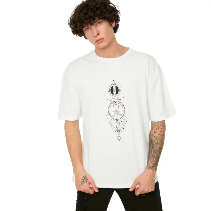 Trendyol Black Oversize/Wide Cut Geometric Printed 100% Cotton Short Sleeve T-Shirt Tmnss22Ts0155 - 1