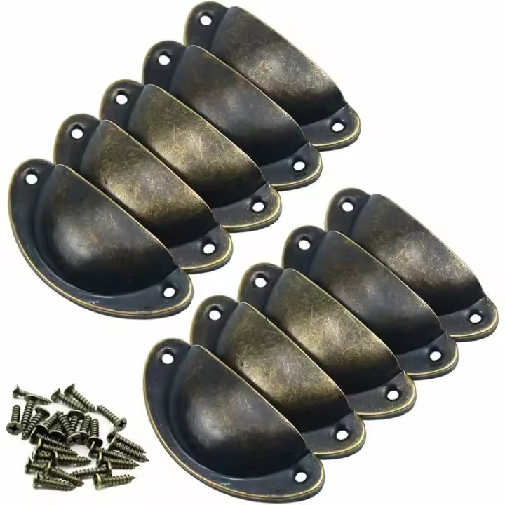 10 tiradores de concha vintage, pomo de puerta, tirador de muebles, tiradores de puerta de hierro retro con tornillos para muebles, cajones, armarios de cocina, 8,2 cm x 3,5 cm (bronce) - 1