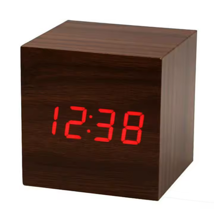 Wooden Alarm Clock - Mini Cube LED Digital Clock with Time/Date/Temperature Display, 3 Levels Brightness and Voice Control Great for Home Office Travel - 1