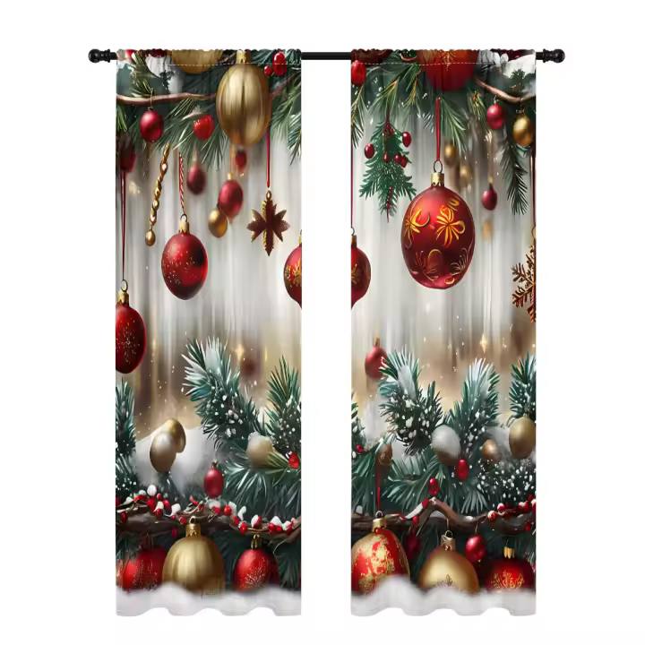 2 Piezas Cortinas De Navidad Con Hojas Verdes De Pino -30% Blackout Adecuadas Para Sala De Estar Dormitorio Cocina Decoración Del Hogar - 1
