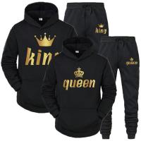 Traje De Dos Piezas Para Pareja Con Capucha Y Mangas Largas Estampado KING Y QUEEN Para Otoño E Invierno Estilo Casual - details 4