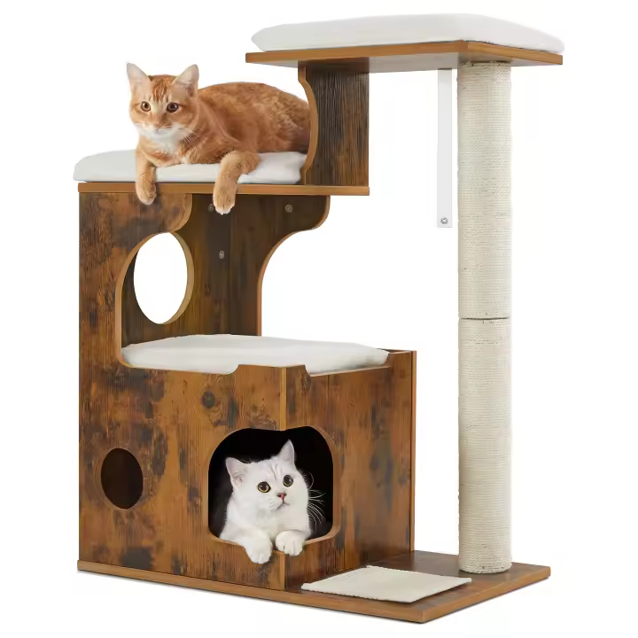Feandrea Árbol de Gatos, Tablero de aglomerado de 86 cm de Altura, con Poste de Sisal, Plataforma, Cubierta de Piel Sintética Lavable, Greige y Blanco /Marrón Rústico/Gris Niebla/Blanco Nube - 1