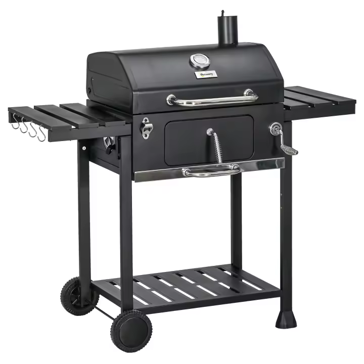 Parrilla de Carbón para Camping with Doble Superficie de Cocción, Rejas Laterales Flexibles, Carro con Estante y Asa Ergónica, Estructura Inxible en Madera de Arce Negro - 1