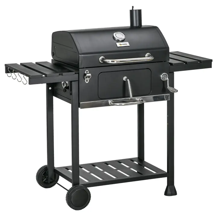 Parrilla de Carbón para Camping with Doble Superficie de Cocción, Rejas Laterales Flexibles, Carro con Estante y Asa Ergónica, Estructura Inxible en Madera de Arce Negro - 1