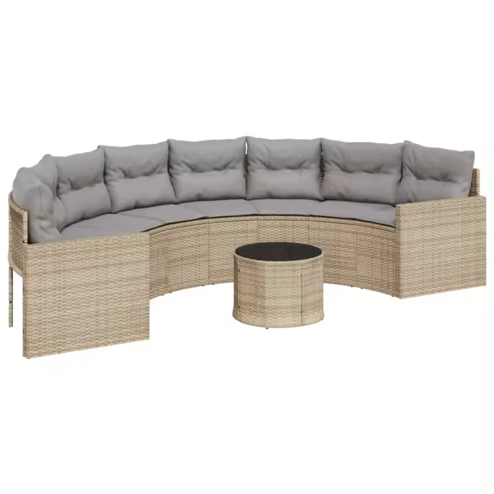 vidaXL Sofá de jardín semicircular con mesa y cojines ratán PE beige - 1
