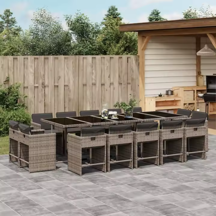 vidaXL Set comedor de jardín con cojines 15 pzas ratán sintético gris - 1