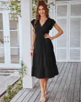 Vestido Largo Medio De Verano Para Mujer Con Manga Volante Y Cuello V Estilo Casual Suelto A-Line Sin Capucha Material Viscosa Y Poliéster - details 21