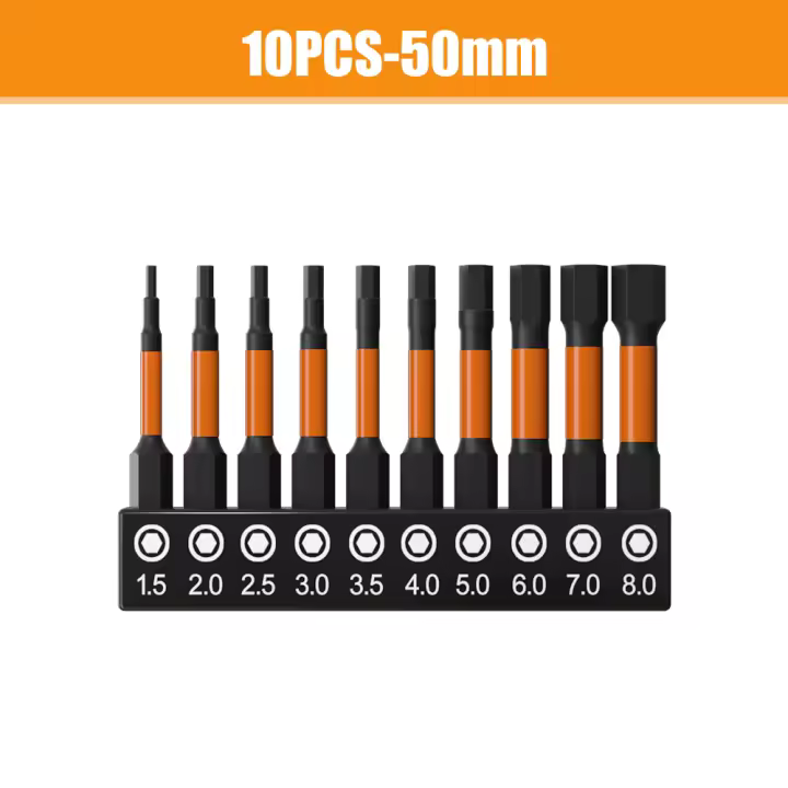 Juego De 10 Piezas De Brocas Allen De Cabeza Hexagonal S2 Acero Magnéticas De 50-100mm Hex-Shank H1.5-H8 Para Destornilladores Métricos - 1