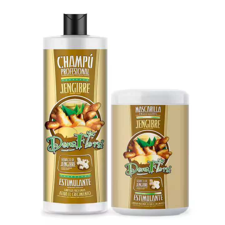 Pack Dona Flora Jengibre: Champú 1000ml + Mascarilla Capilar 1000ml - Estimulante Limpieza Profunda, Activa el Crecimiento - Vendido por Beauty World Distributor - 1
